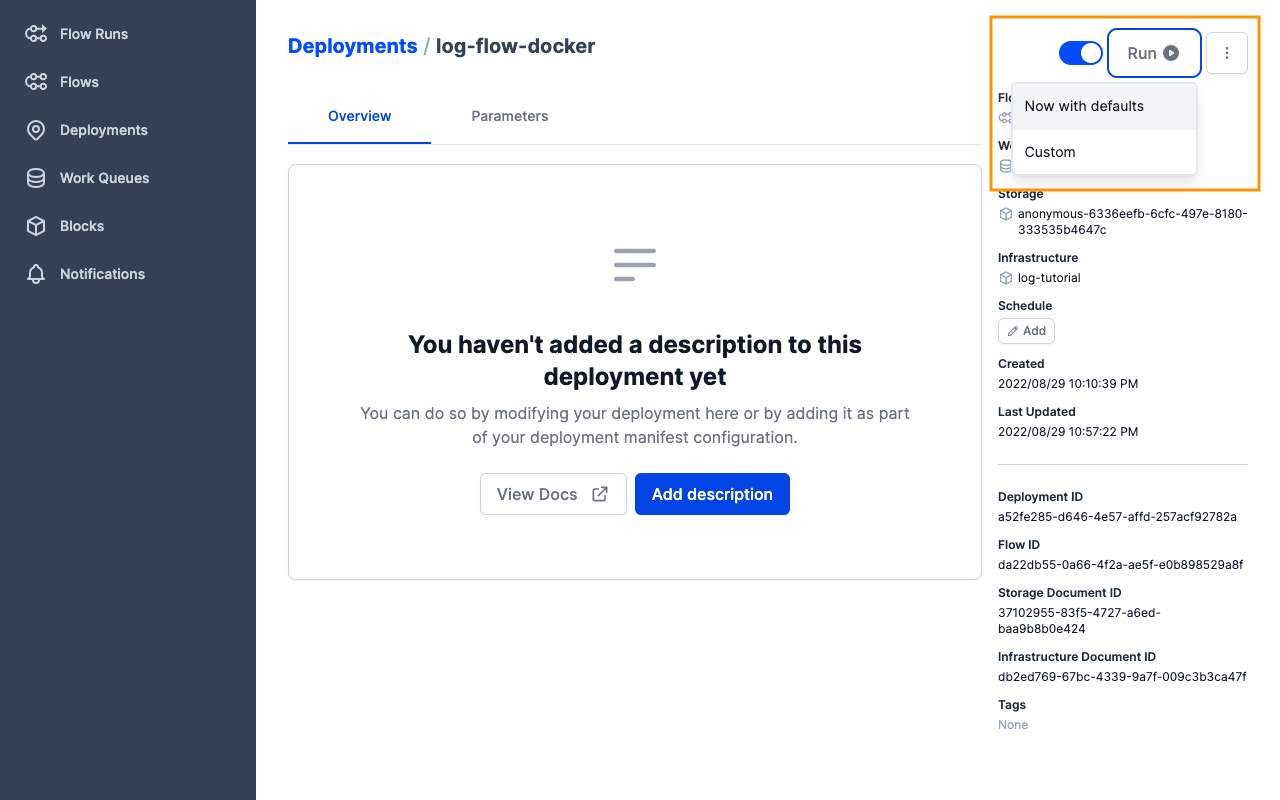 Running the Docker deployment from the Prefect UI