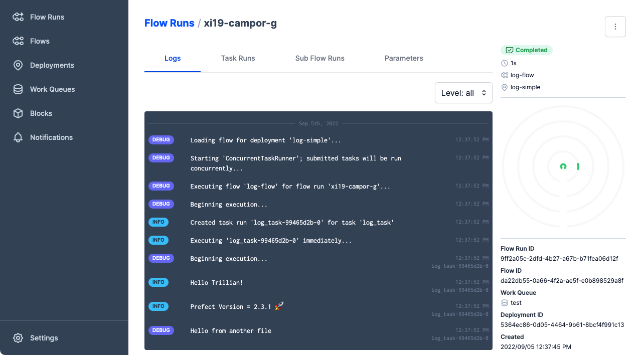 The flow run logs show the expected Hello Leo! log message