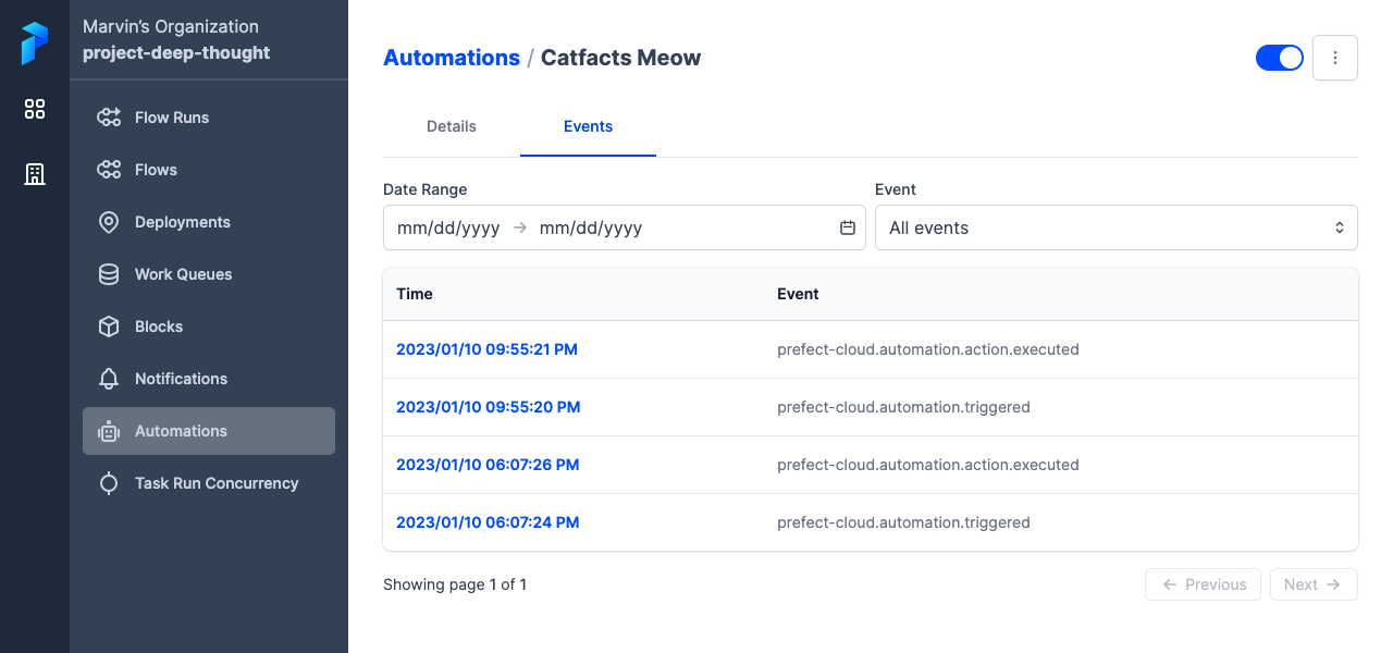 Viewing events that triggered an automation in Prefect Cloud.