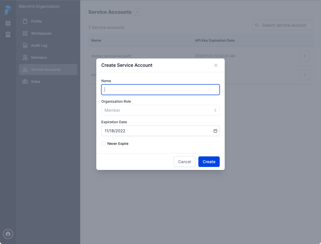 Creating a new service account in the Prefect Cloud UI.